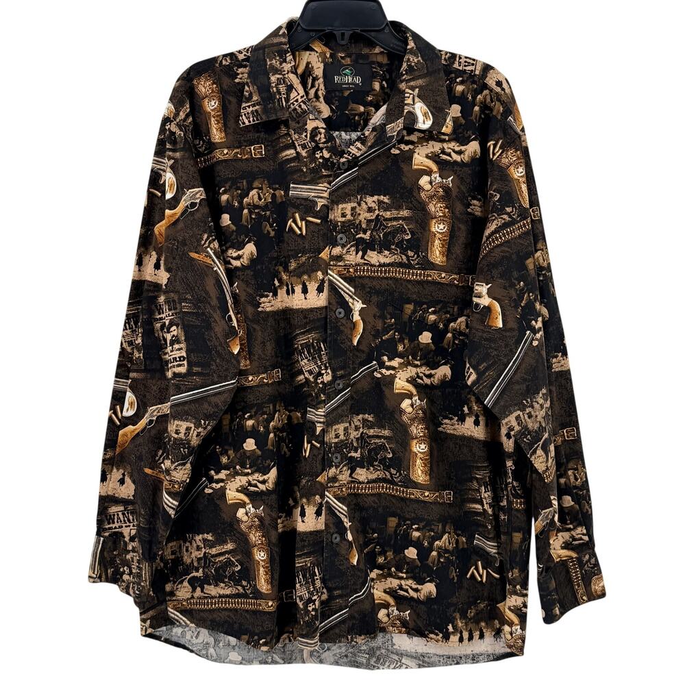 RedHead Western Cowboy Outlaw Wanted Print Button Shirt Sz XL 100% Cotton